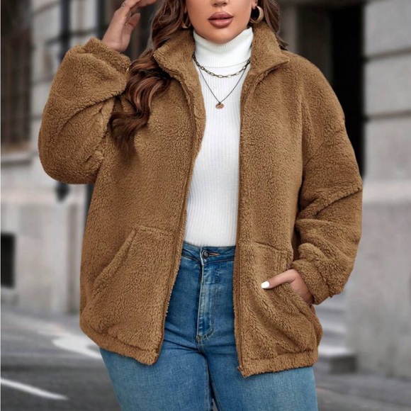 Plus size cost zip up teddy jacket - Picture 6 of 16